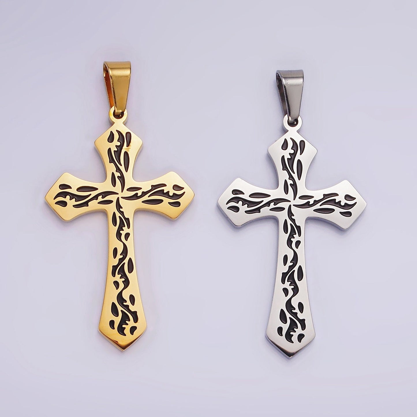 Stainless Steel 44mm Black Artisan Wave Holy Spirit Baptism Fire Passion Cross Pendant in Gold & Silver | P850