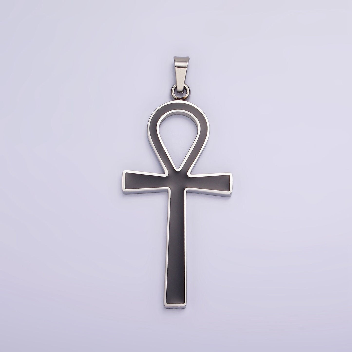 Stainless Steel Black Enamel Lined Egyptian Ankh Cross Pendant in Gold & Silver | P755