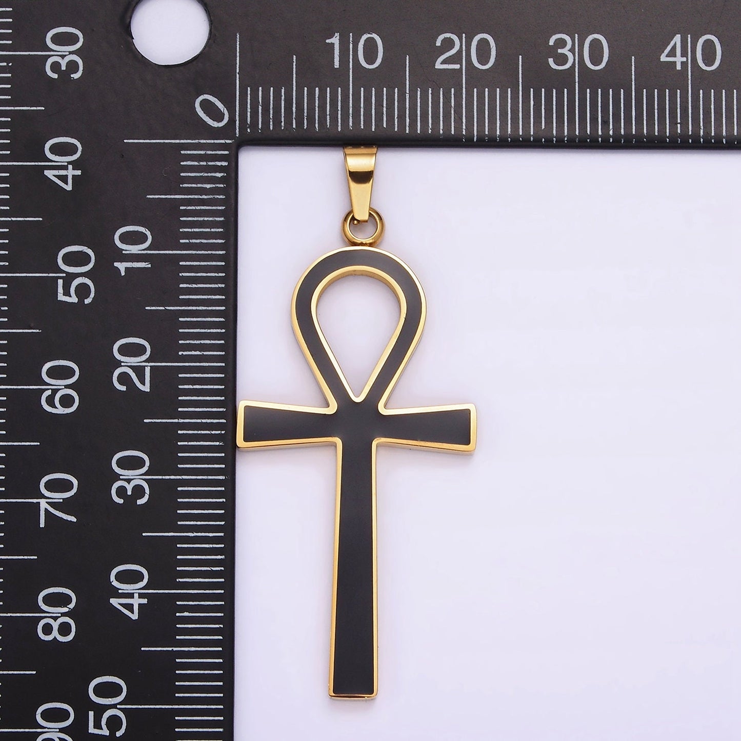 Stainless Steel Black Enamel Lined Egyptian Ankh Cross Pendant in Gold & Silver | P755