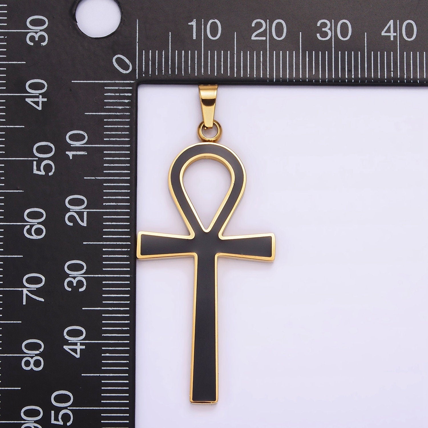 Stainless Steel Black Enamel Lined Egyptian Ankh Cross Pendant in Gold & Silver | P755