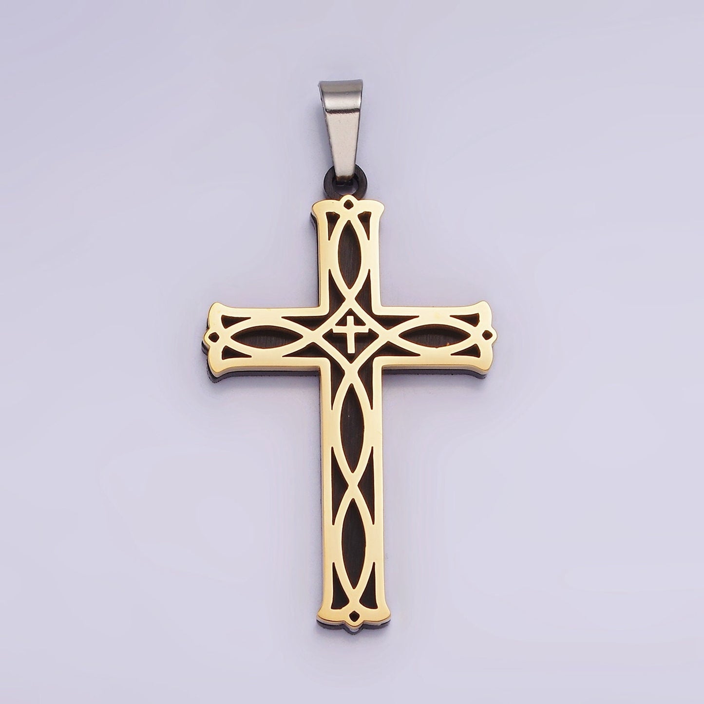 Stainless Steel 37.5mm Celtic Black Back Accented Artisan Bar Religious Cross in Gold & Silver | P757