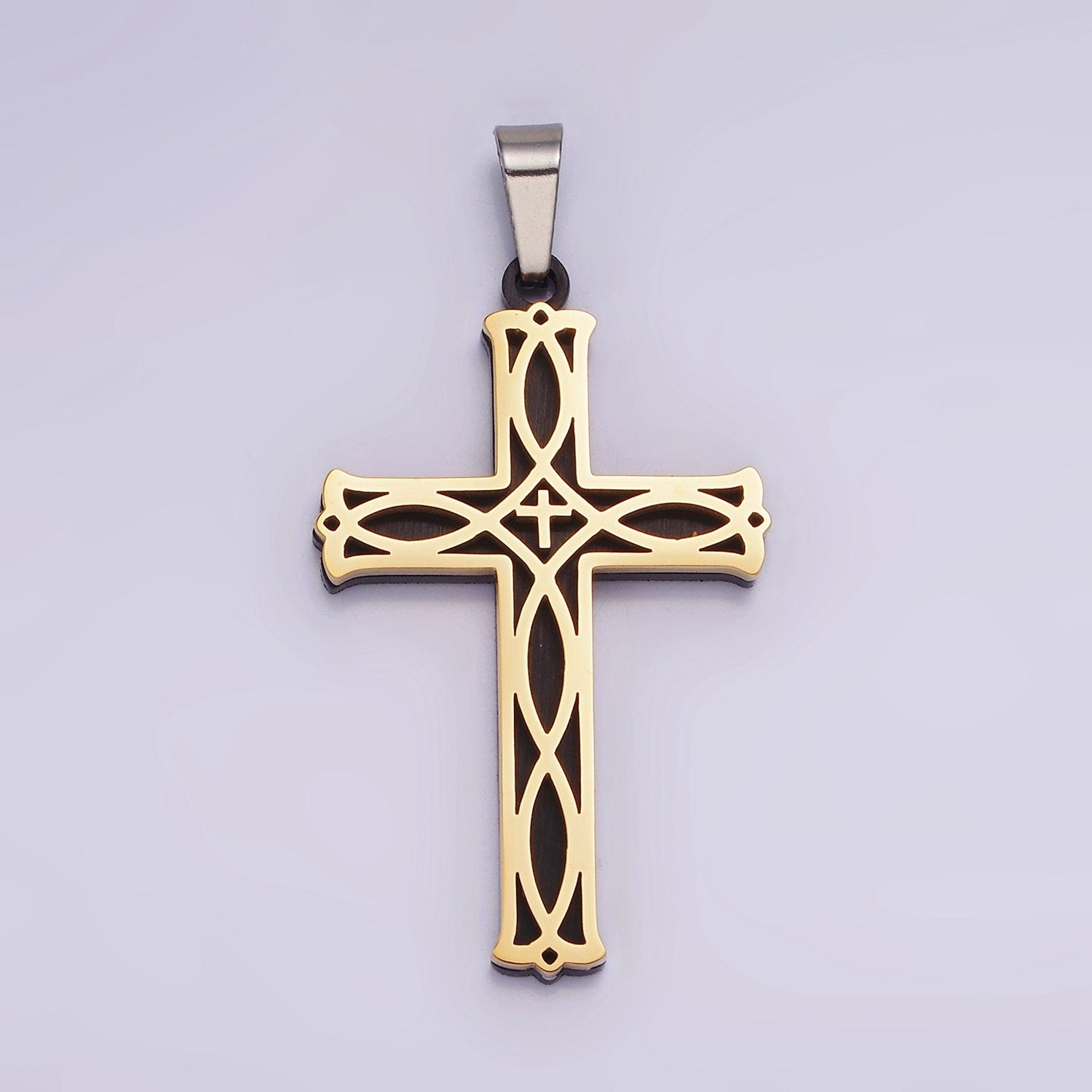Stainless Steel 37.5mm Celtic Black Back Accented Artisan Bar Religious Cross in Gold & Silver | P757