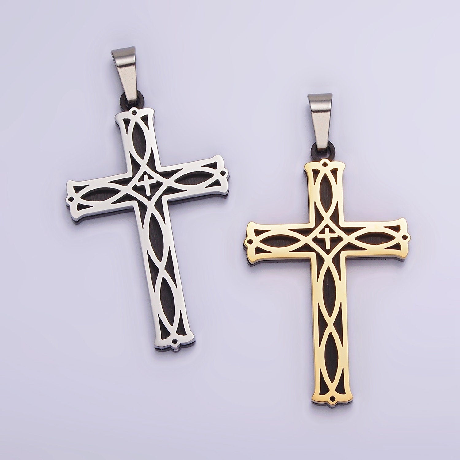 Stainless Steel 37.5mm Celtic Black Back Accented Artisan Bar Religious Cross in Gold & Silver | P757