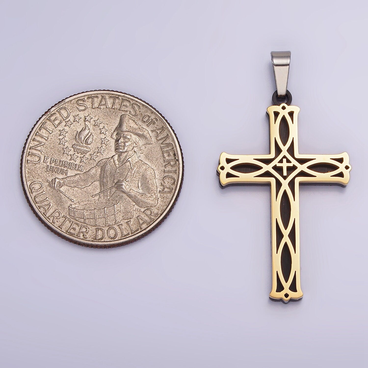 Stainless Steel 37.5mm Celtic Black Back Accented Artisan Bar Religious Cross in Gold & Silver | P757