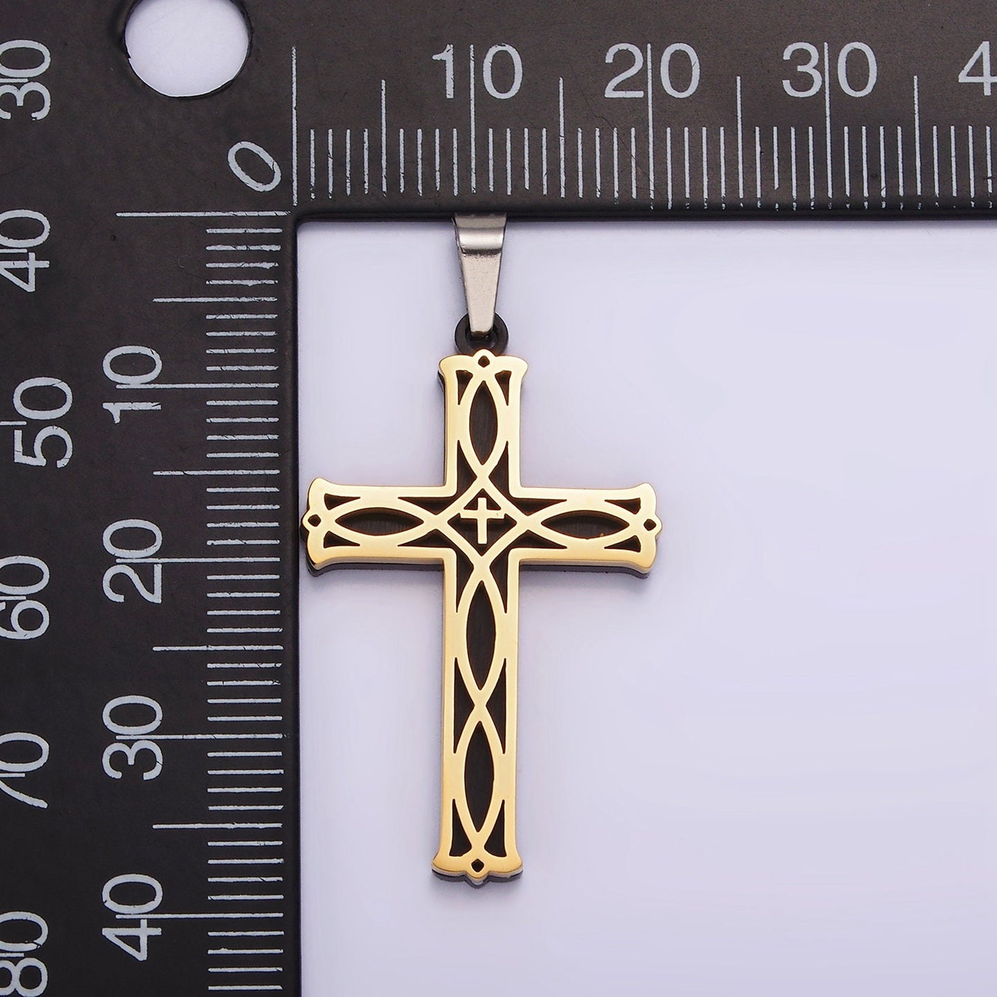 Stainless Steel 37.5mm Celtic Black Back Accented Artisan Bar Religious Cross in Gold & Silver | P757
