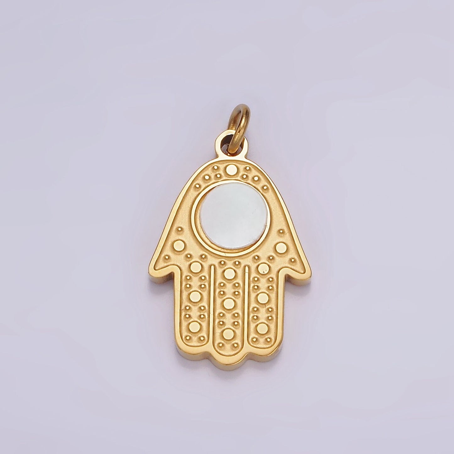 Stainless Steel Shell Pearl Round Hamsa Hand God Evil Eye Dotted Charm | P665