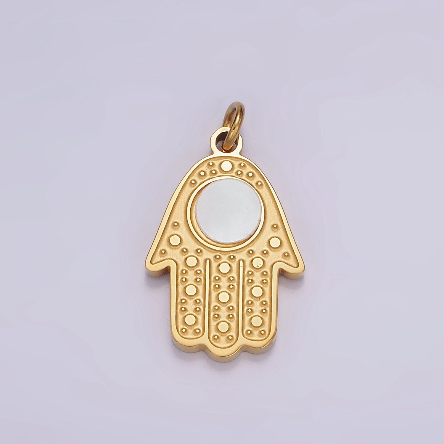 Stainless Steel Shell Pearl Round Hamsa Hand God Evil Eye Dotted Charm | P665