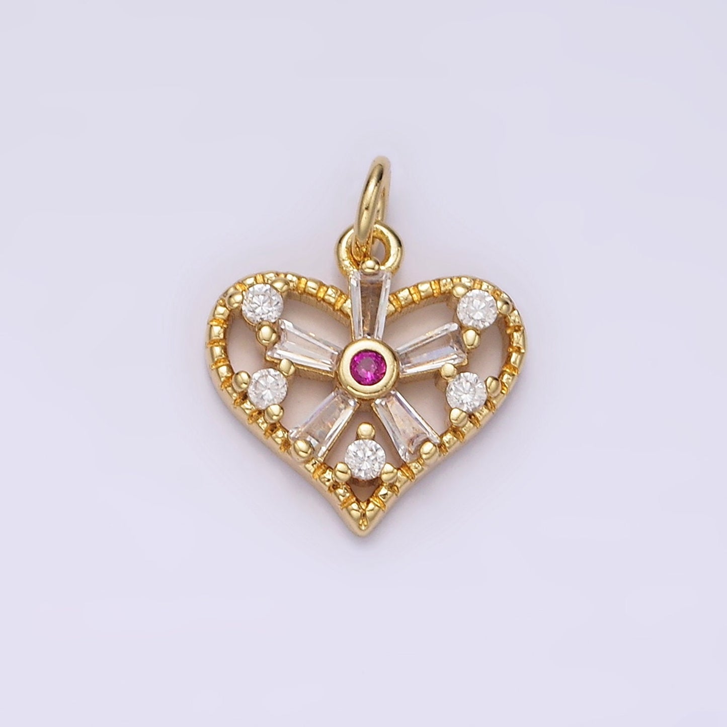 14K Gold Filled Fuchsia Baguette Flower CZ Open Heart Charm | AG392