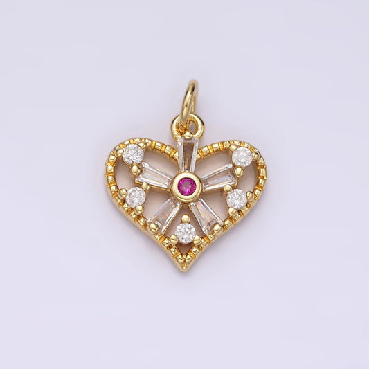 14K Gold Filled Fuchsia Baguette Flower CZ Open Heart Charm | AG392