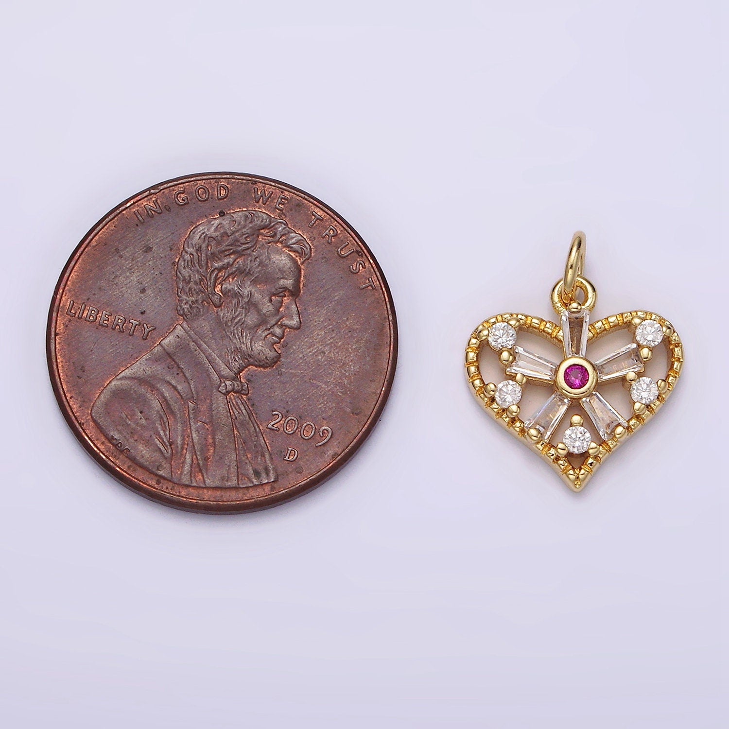 14K Gold Filled Fuchsia Baguette Flower CZ Open Heart Charm | AG392