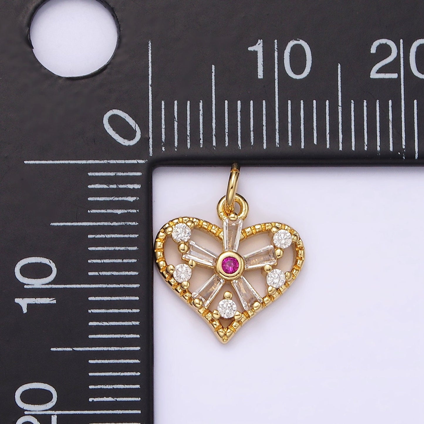 14K Gold Filled Fuchsia Baguette Flower CZ Open Heart Charm | AG392