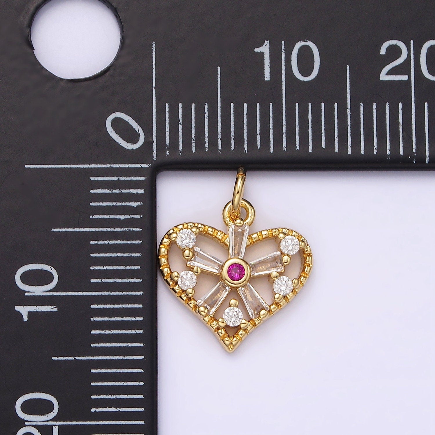14K Gold Filled Fuchsia Baguette Flower CZ Open Heart Charm | AG392