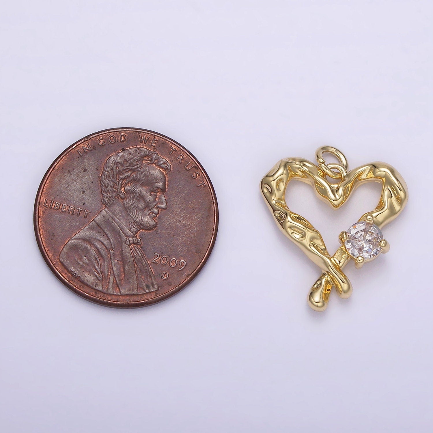 14K Gold Filled Clear CZ Dented Molten Open Heart Charm | AG190