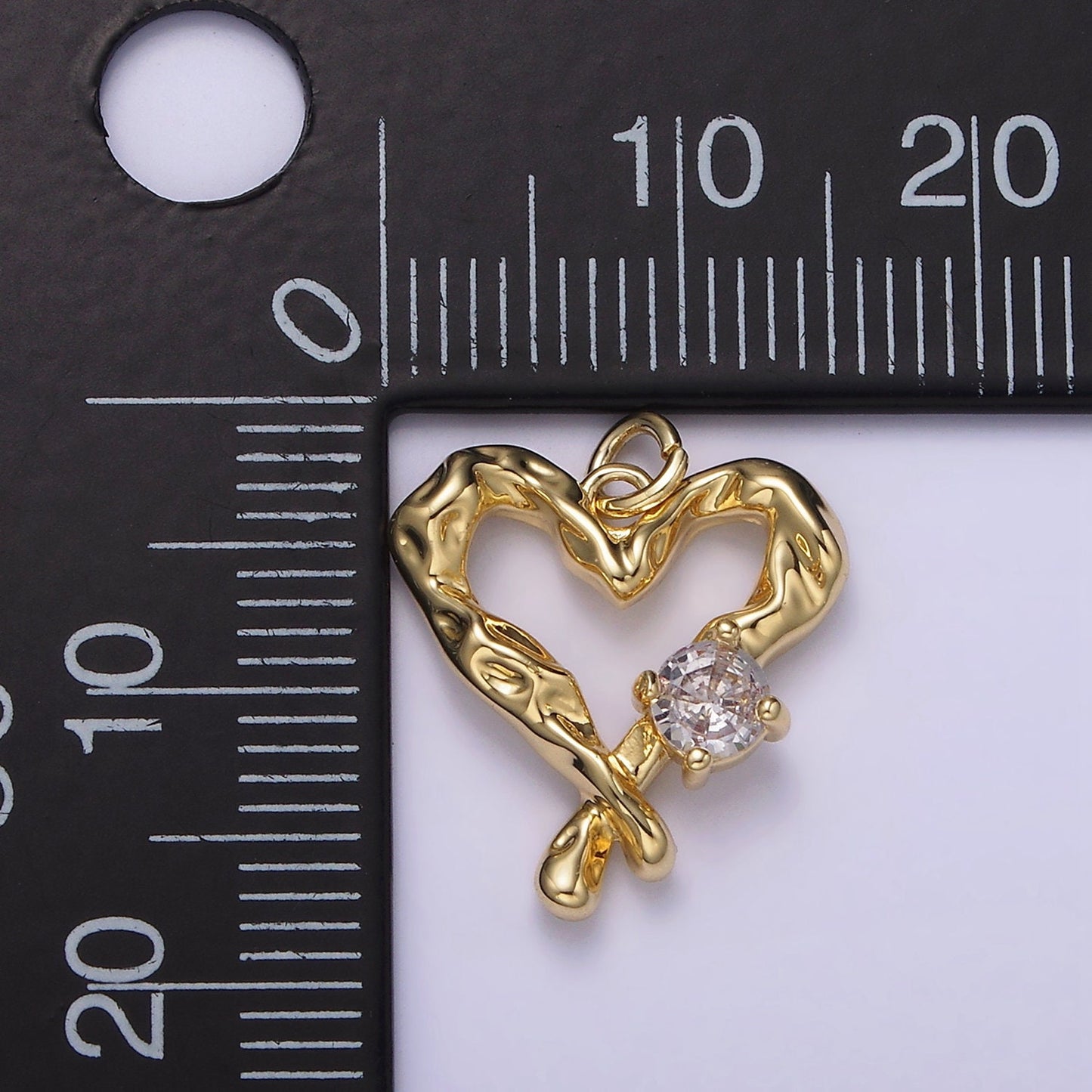 14K Gold Filled Clear CZ Dented Molten Open Heart Charm | AG190