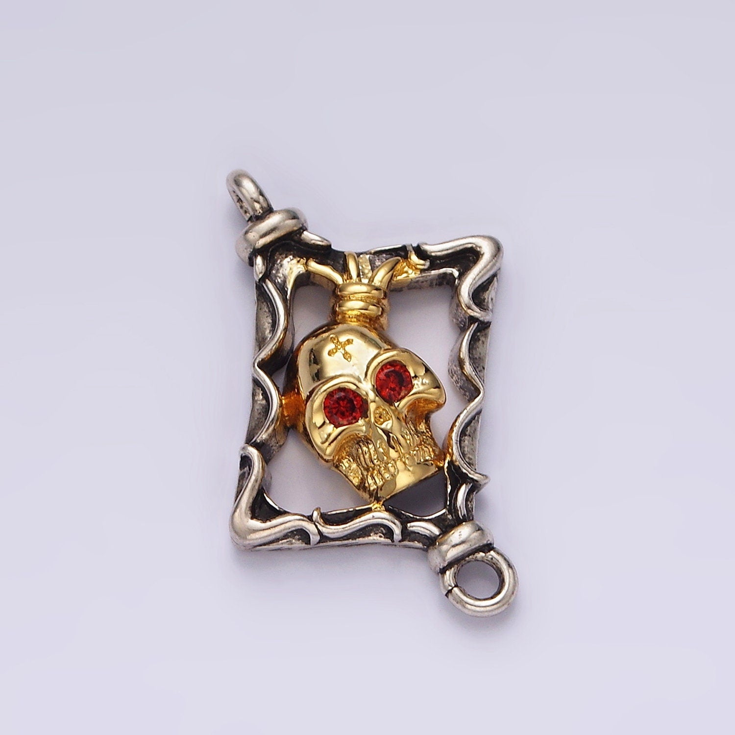 Stainless Steel Red CZ Skull Skeleton Open Abstract Rhombus Mixed Metal Charm Connector for Bracelet Necklace Component| P-673