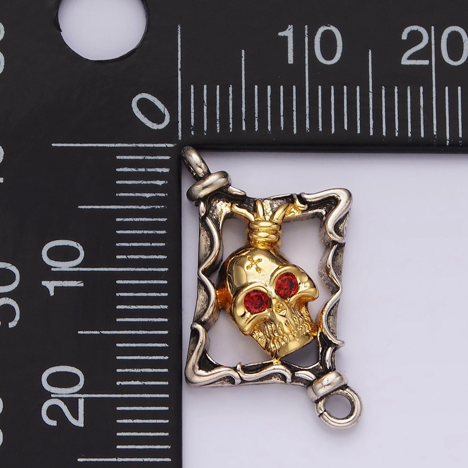 Stainless Steel Red CZ Skull Skeleton Open Abstract Rhombus Mixed Metal Charm Connector for Bracelet Necklace Component| P-673