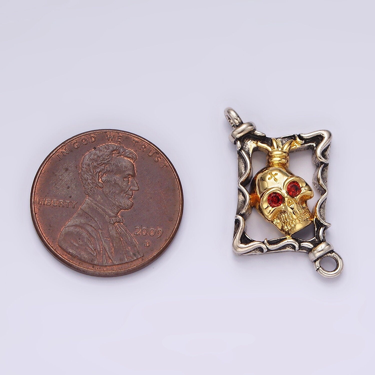 Stainless Steel Red CZ Skull Skeleton Open Abstract Rhombus Mixed Metal Charm Connector for Bracelet Necklace Component| P-673