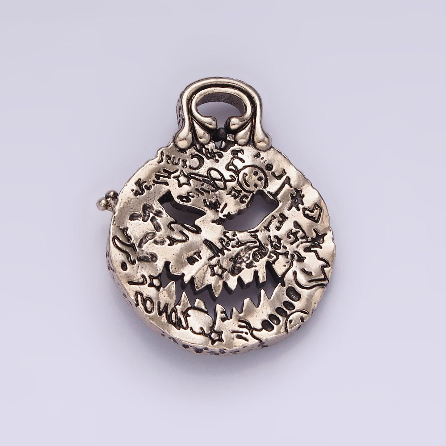 Stainless Steel Black CZ Skull Charm Skeleton Angry Face Graffiti Double Sided Scary Pumpkin Halloween Inspired Pendant | P-862