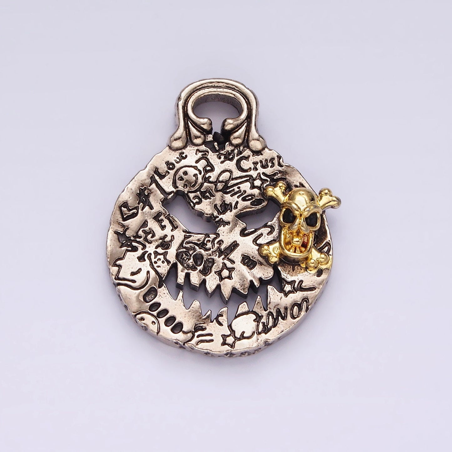 Stainless Steel Black CZ Skull Charm Skeleton Angry Face Graffiti Double Sided Scary Pumpkin Halloween Inspired Pendant | P-862