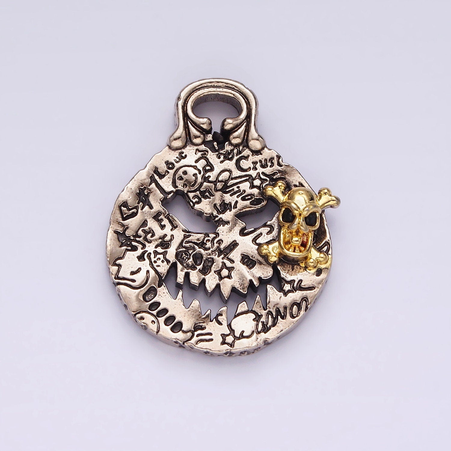 Stainless Steel Black CZ Skull Charm Skeleton Angry Face Graffiti Double Sided Scary Pumpkin Halloween Inspired Pendant | P-862