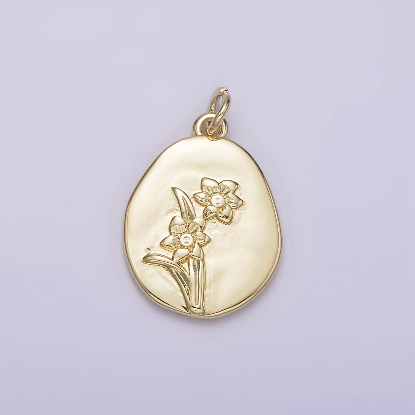 14K Gold Filled Daffodil March Birth Flower Hammered Stamped Personalized Double Sided Charm | AG192