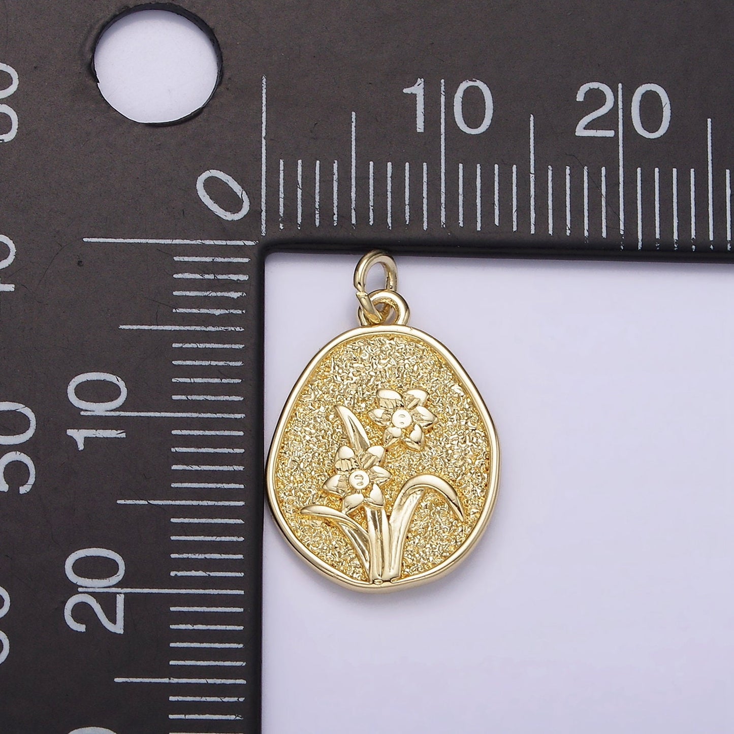 14K Gold Filled Daffodil March Birth Flower Hammered Stamped Personalized Double Sided Charm | AG192
