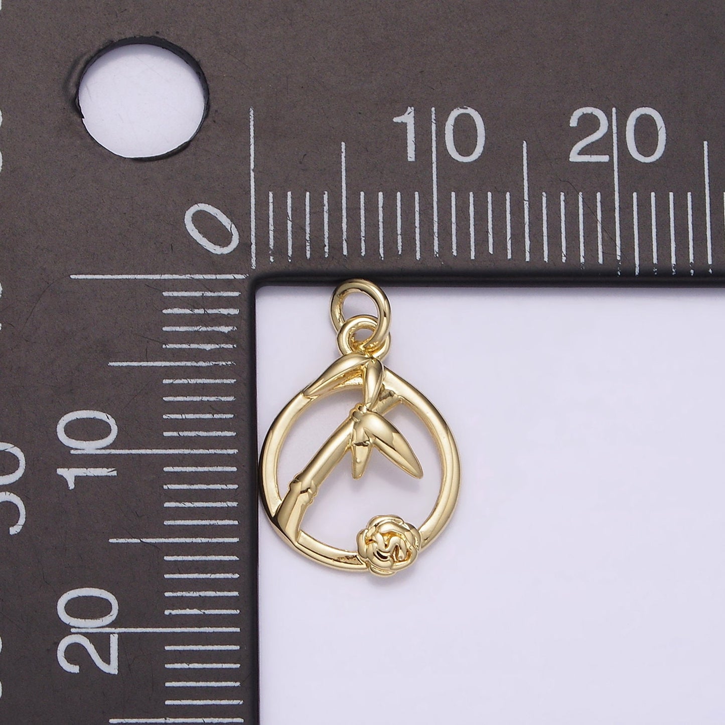 14K Gold Filled Rose Flower Bamboo Plant Nature Open Round Frame Charm | AG219