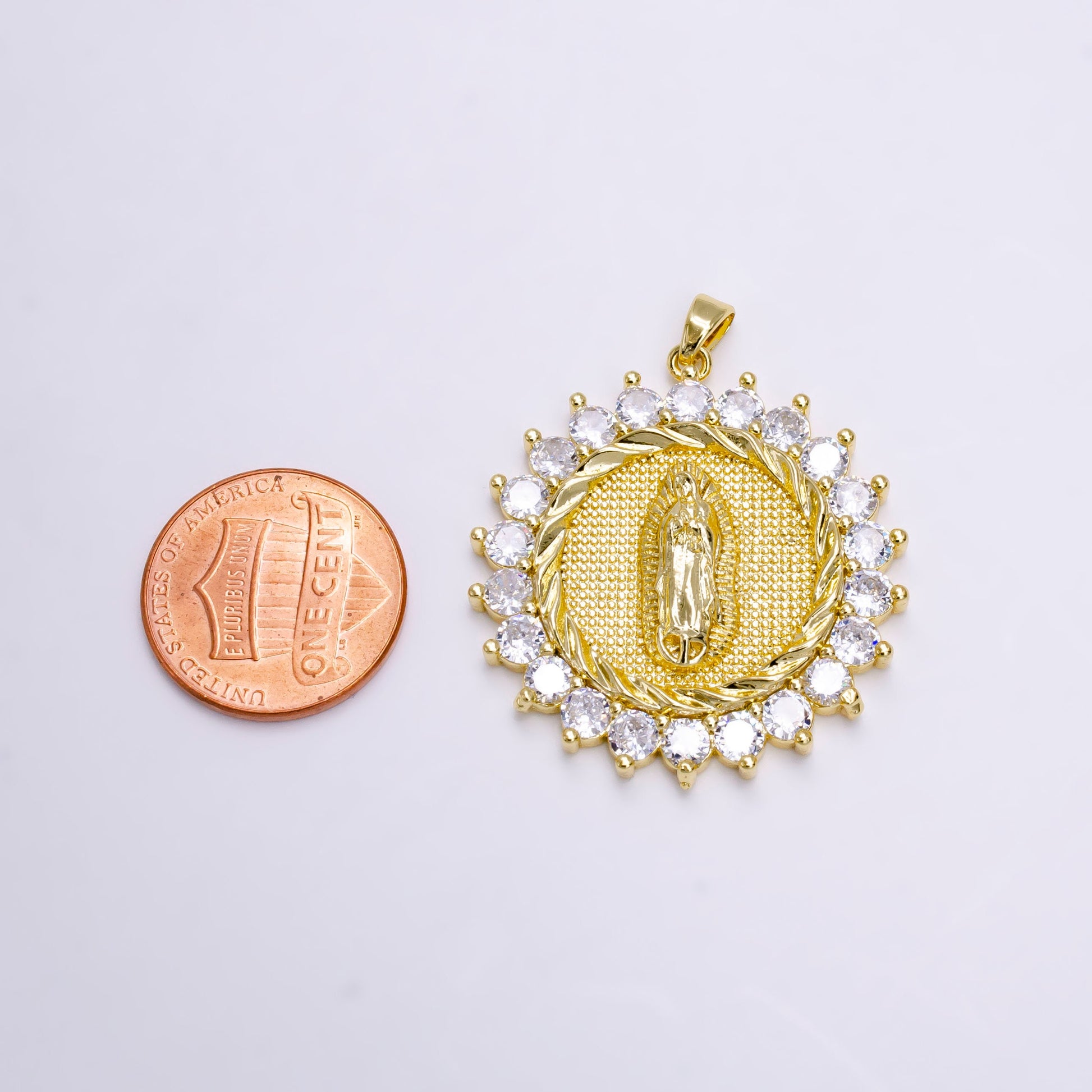 14K Gold Filed Our Mother Virgin Mary Lady of Lourdes Catholic Braided Swirl Sunburst Micro Pave CZ Round Charm | N-1459