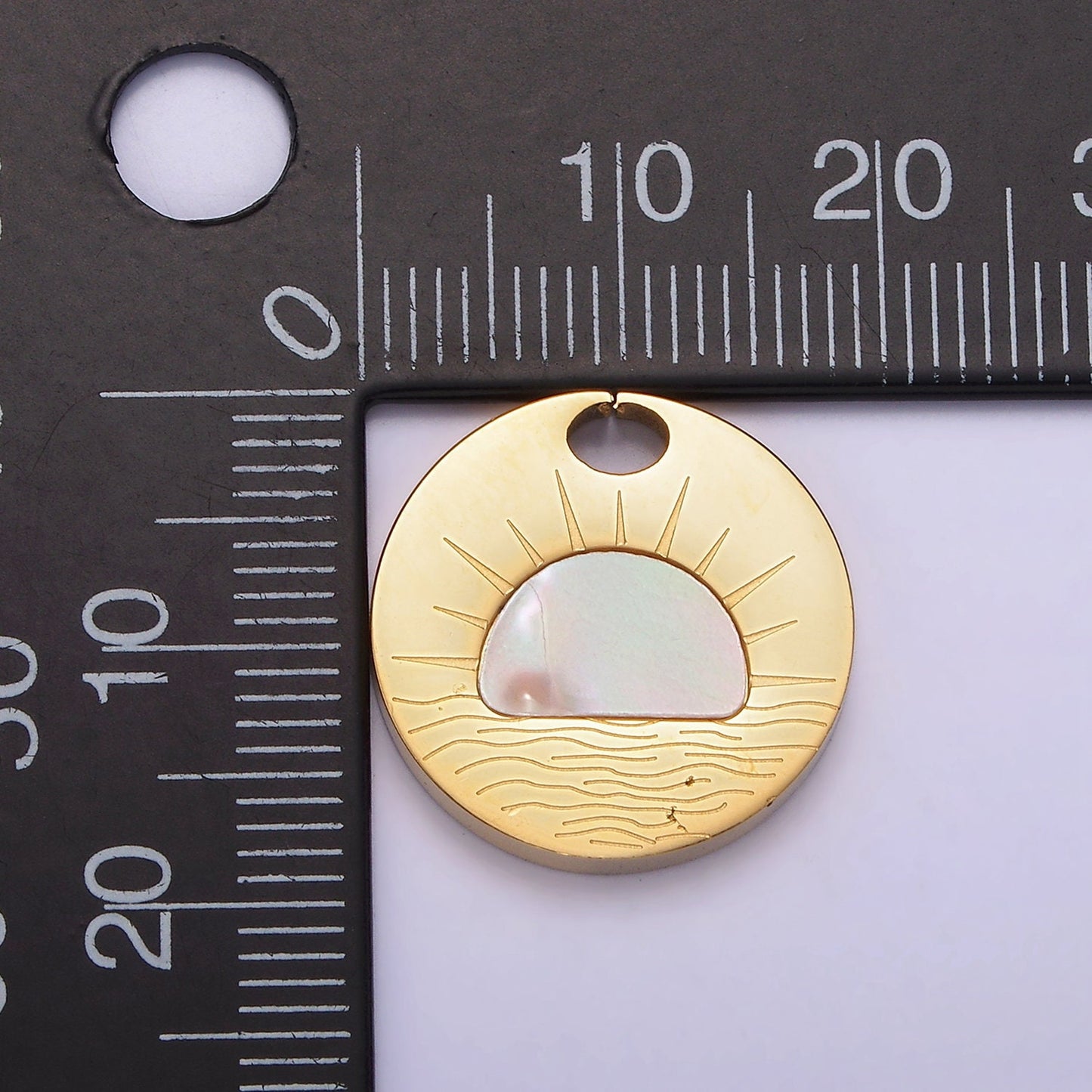 Stainless Steel Shell Pearl Celestial Sun Rise Pendant Round Coin Charm Gold Sun Pendant Ocean Water Beach Nature Inspired | P1253