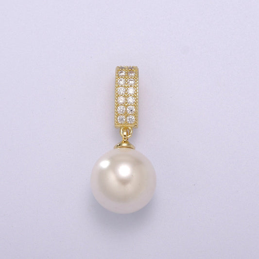 14K Gold Filled Round White Pearl Micro Paved CZ Bail Pendant | N1384