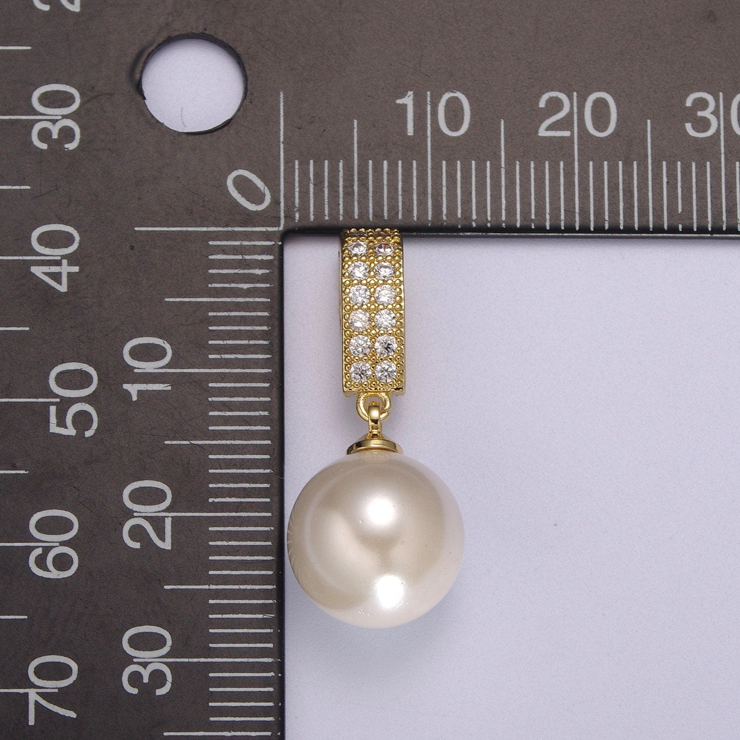 14K Gold Filled Round White Pearl Micro Paved CZ Bail Pendant | N1384