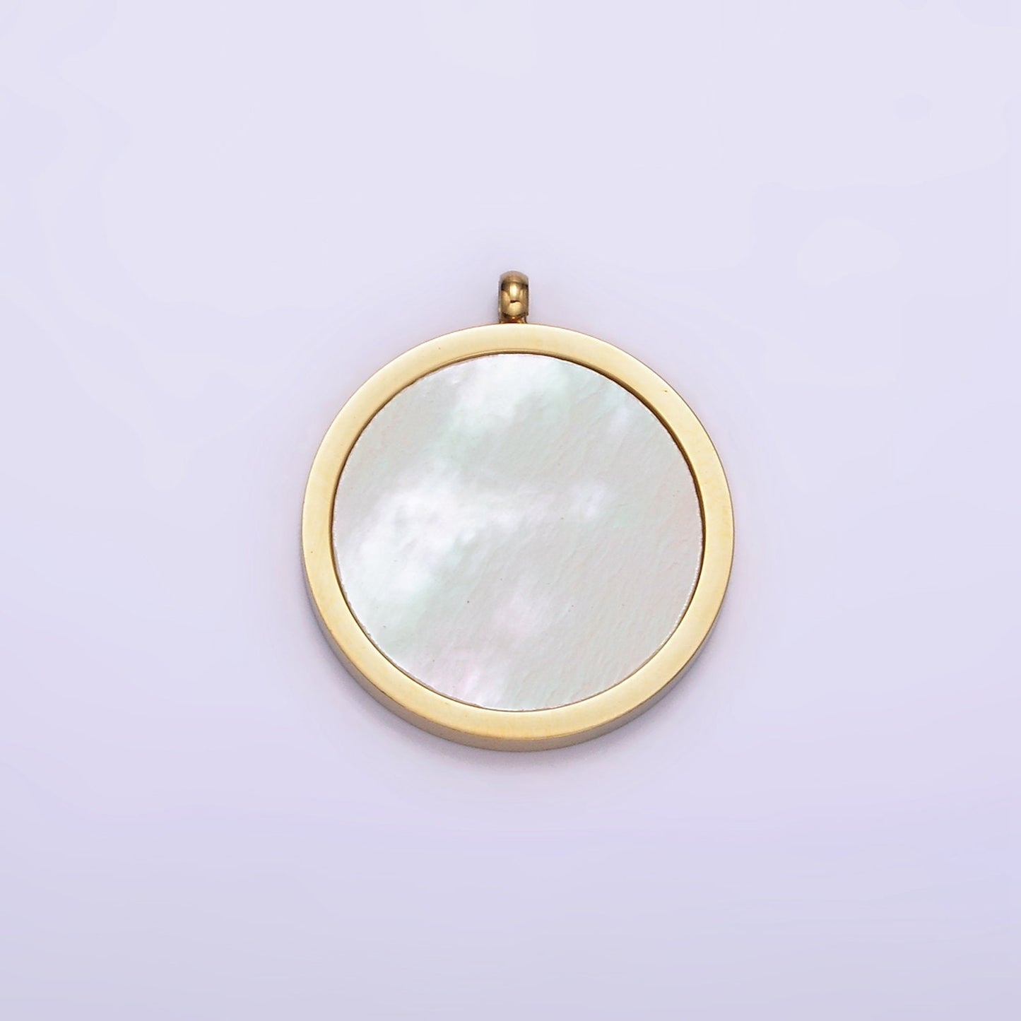 Gold Stainless Steel White Shell Pearl Round Coin Disc Charm Geometric Jewelry Inspired Wedding Dangle Charm | P-1245