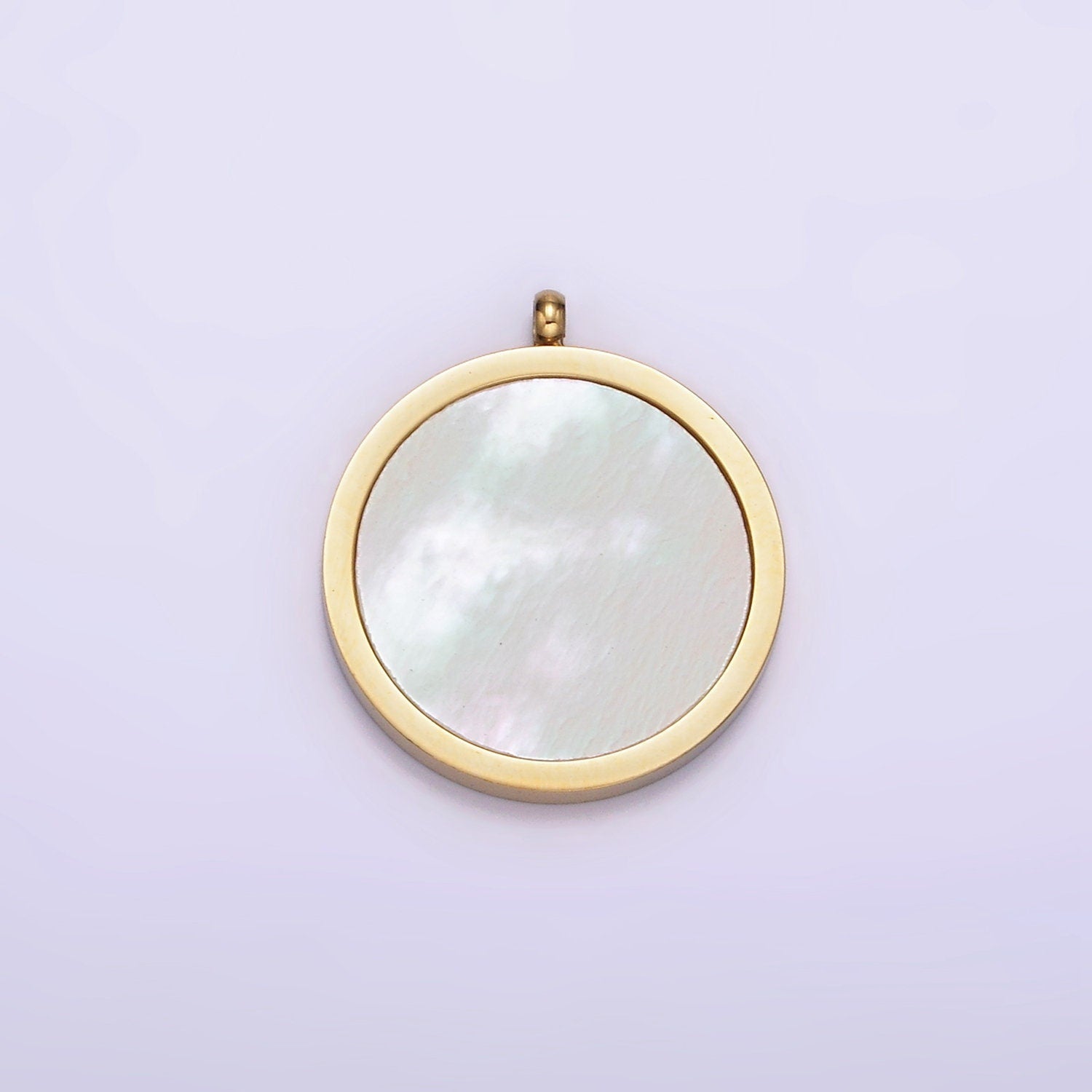 Gold Stainless Steel White Shell Pearl Round Coin Disc Charm Geometric Jewelry Inspired Wedding Dangle Charm | P-1245