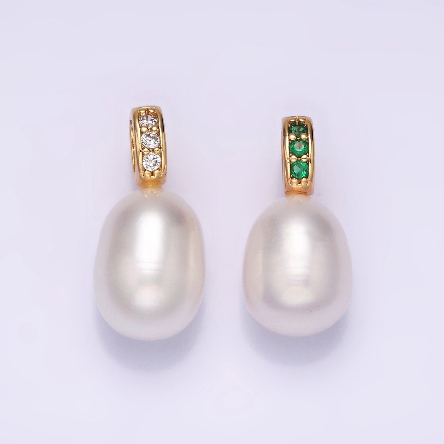 Dainty White Potato Pearl Charms Pendant with CZ Bail Approx. 8x11mm for Necklace Component Clear Green Cubic Zirconia P1611