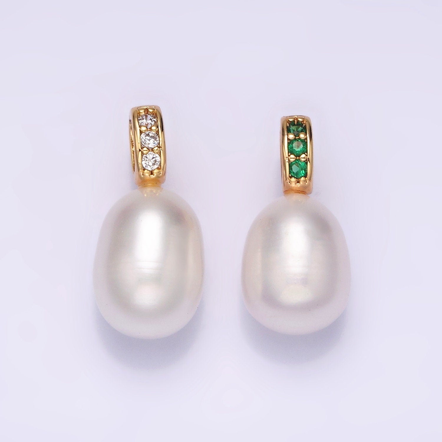 Dainty White Potato Pearl Charms Pendant with CZ Bail Approx. 8x11mm for Necklace Component Clear Green Cubic Zirconia P1611