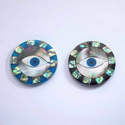 1x Abalone Shell Round Evil Eye Pendants, Green Hue Abalone Medallion Charm Wave Beach Inspired for Necklace Earring Supply 50mm