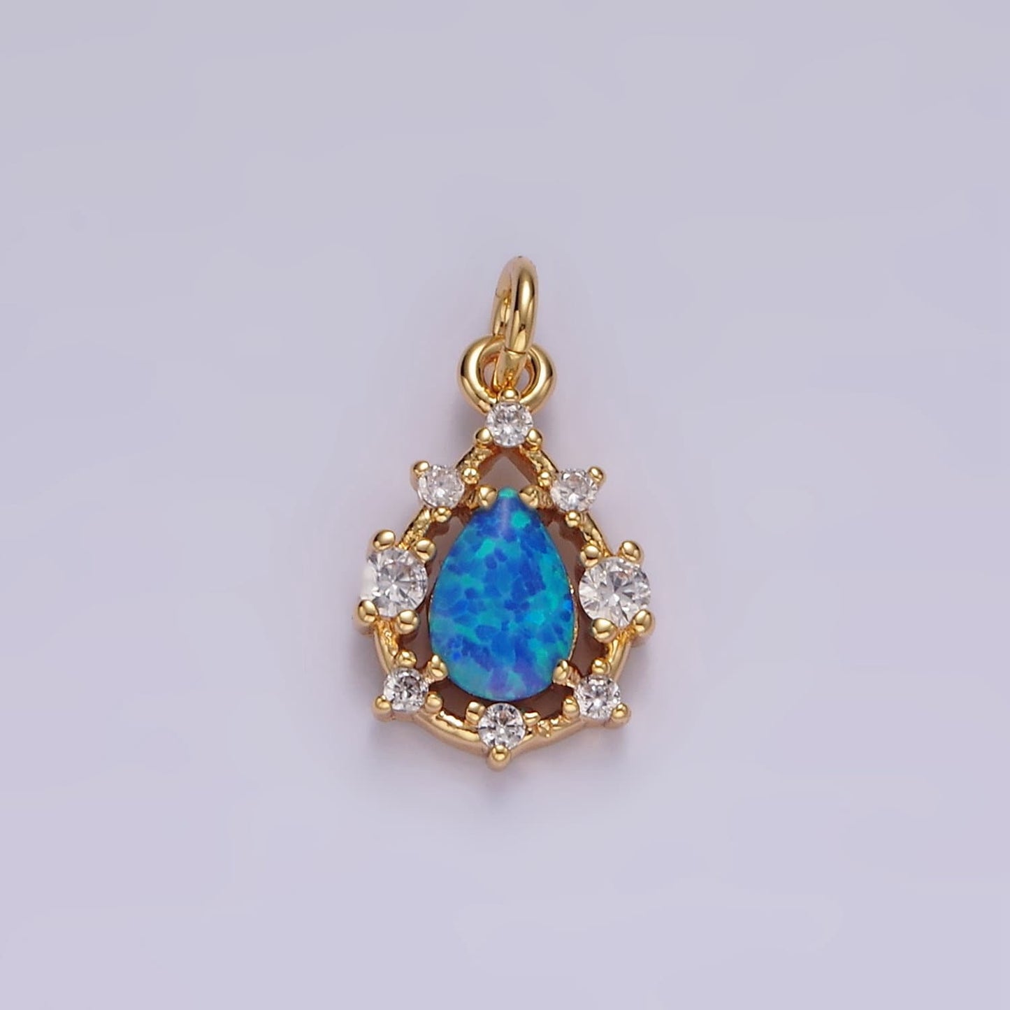 14K Gold Filled White, Blue Opal Teardrop CZ Dotted Outline Charm | AC817 AC818