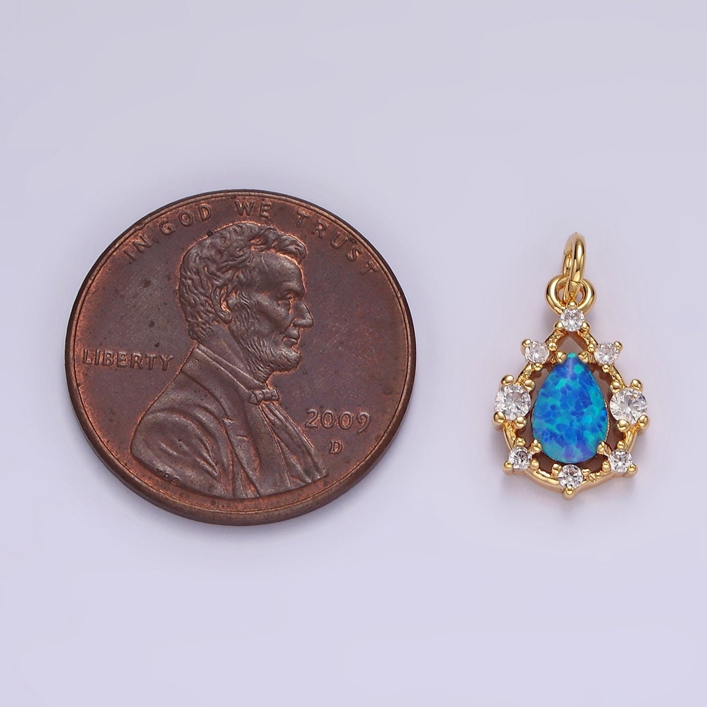 14K Gold Filled White, Blue Opal Teardrop CZ Dotted Outline Charm | AC817 AC818