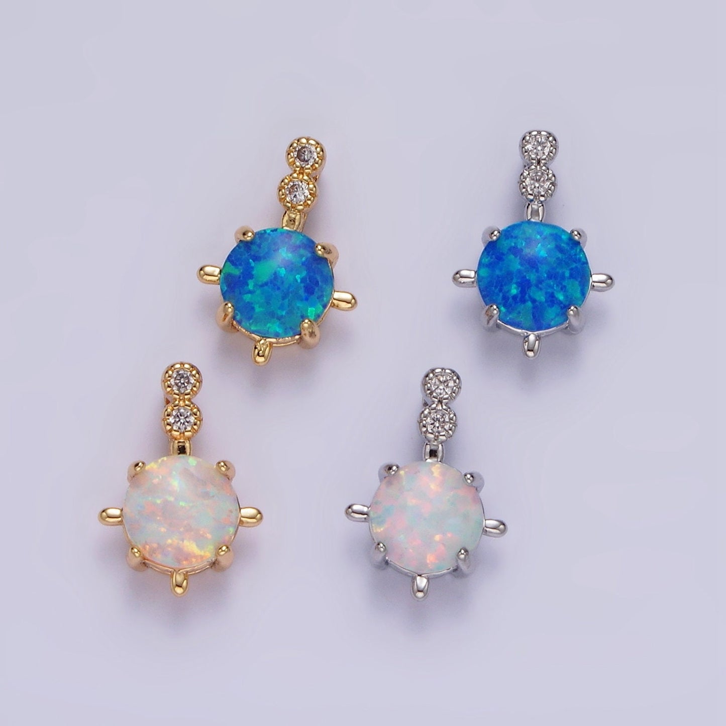 14K Gold Filled Blue Opal, White Opal Double CZ Round Bail Pendant in Silver & Gold | N1895 - N1898