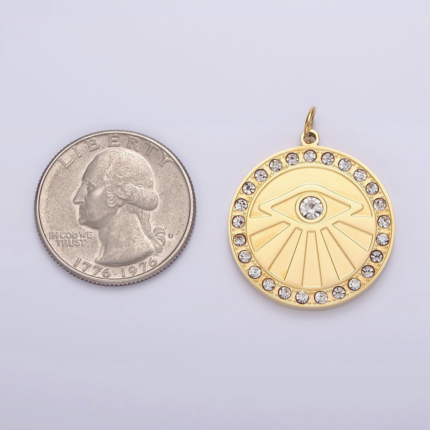 Stainless Steel Evil Eye Ray Clear CZ Lined Round Charm | P-655