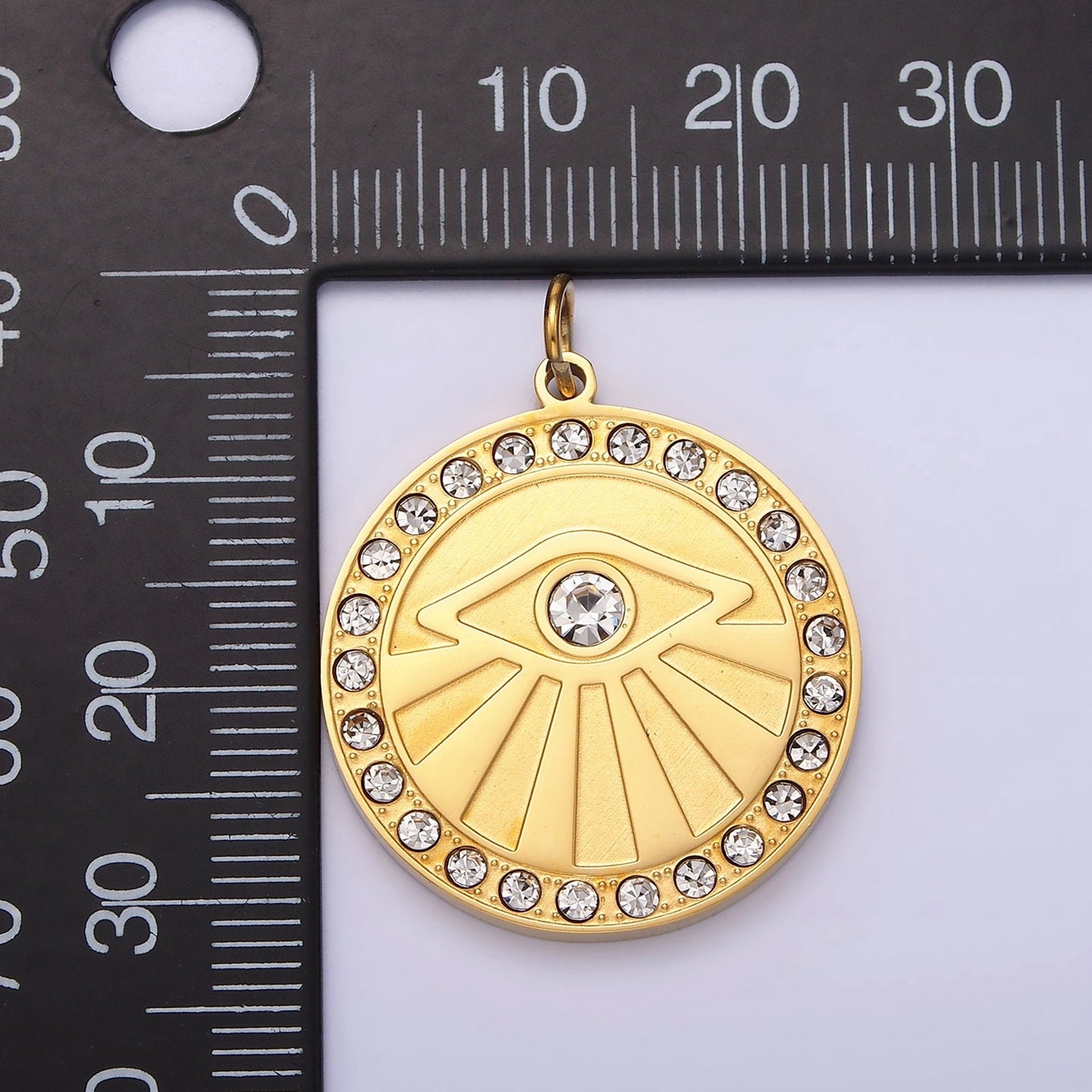 Stainless Steel Evil Eye Ray Clear CZ Lined Round Charm | P-655