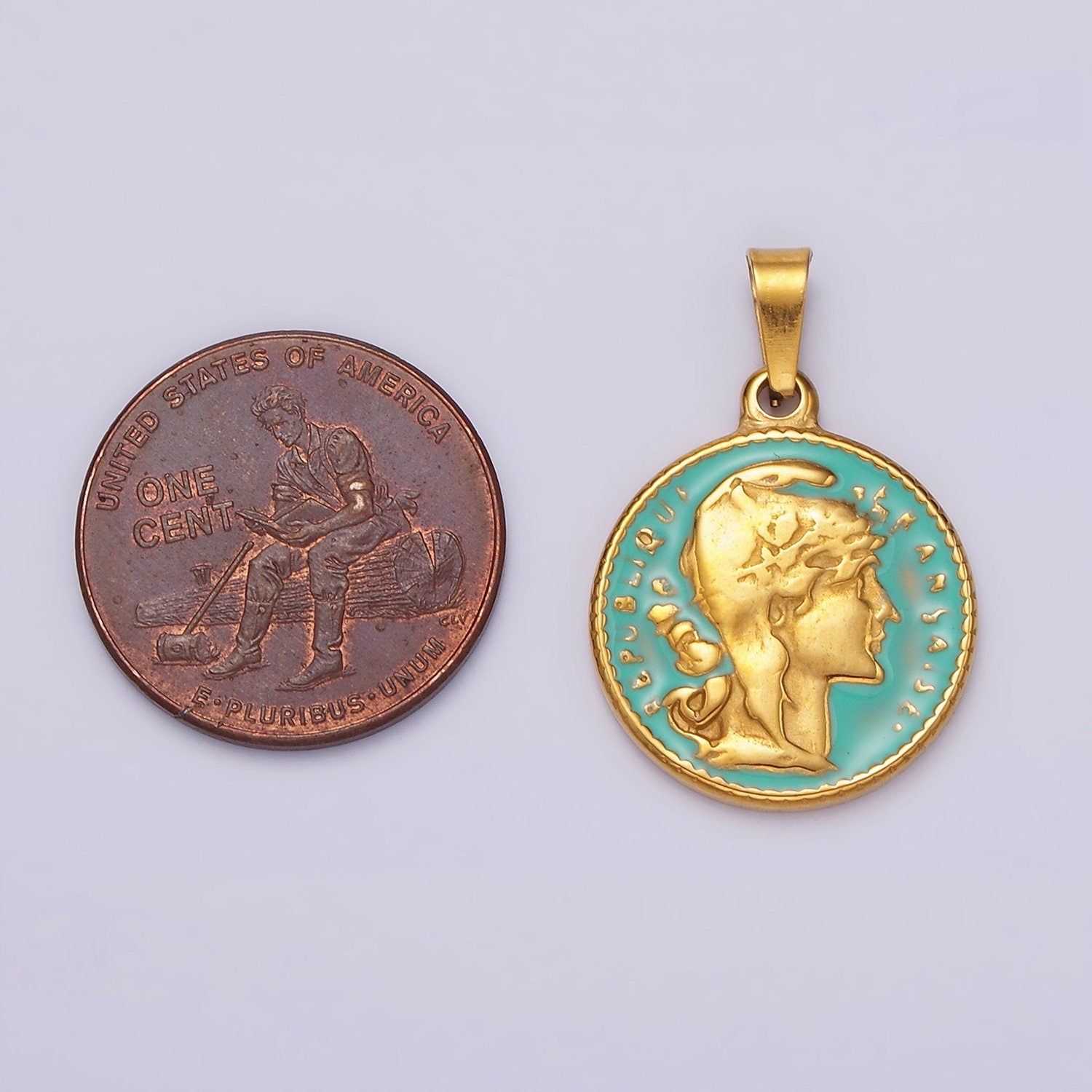 Gold Republic of Roman Coin Charm Pendant Stainless Steel Teal Enamel Pendant P835