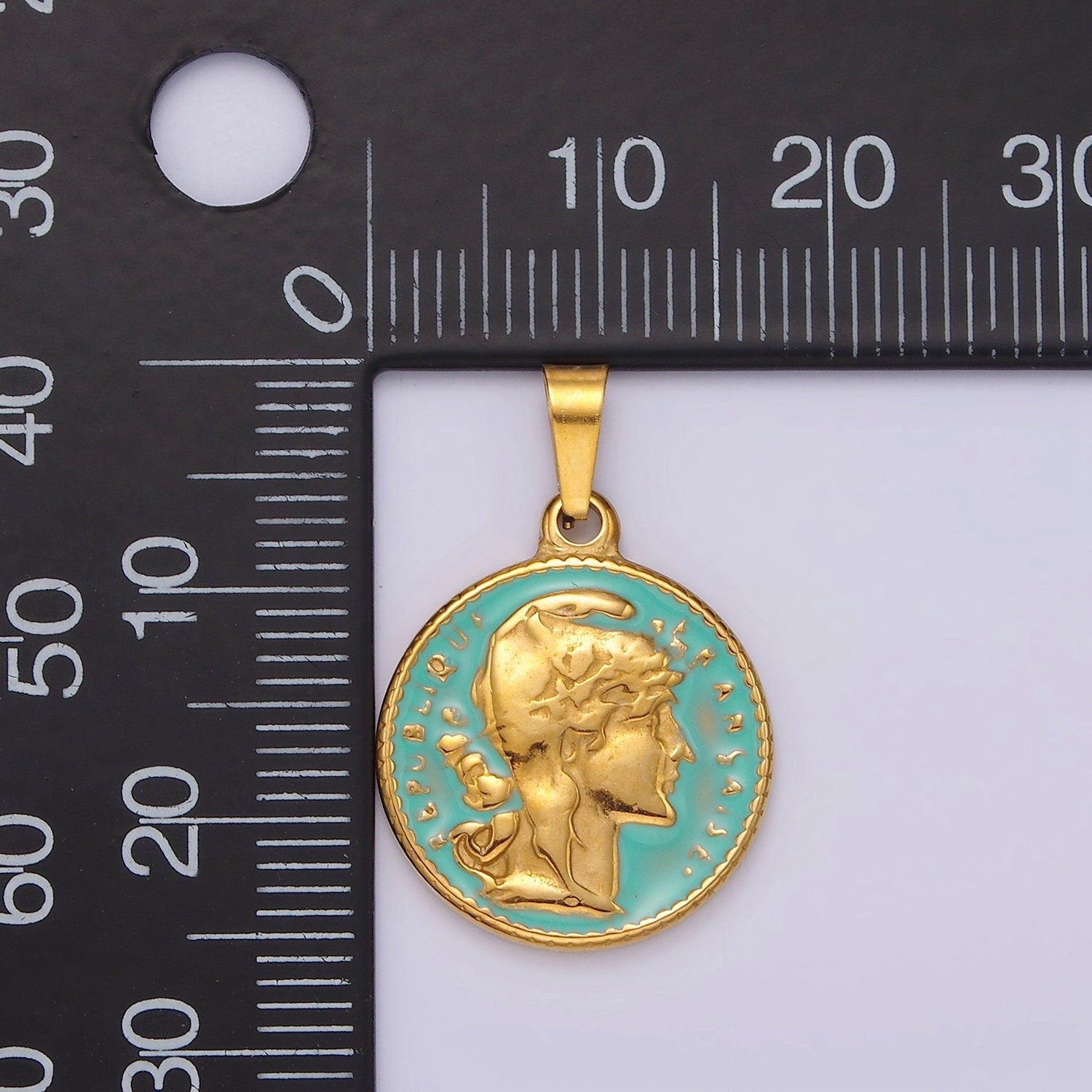 Gold Republic of Roman Coin Charm Pendant Stainless Steel Teal Enamel Pendant P835