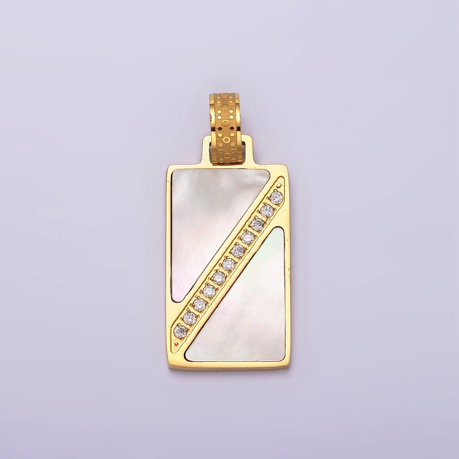 Stainless Steel Shell Pearl Clear Micro Paved CZ Lined Geometric Rectangle Tag Pendant | P837