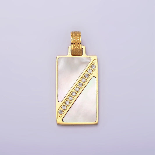 Stainless Steel Shell Pearl Clear Micro Paved CZ Lined Geometric Rectangle Tag Pendant | P837