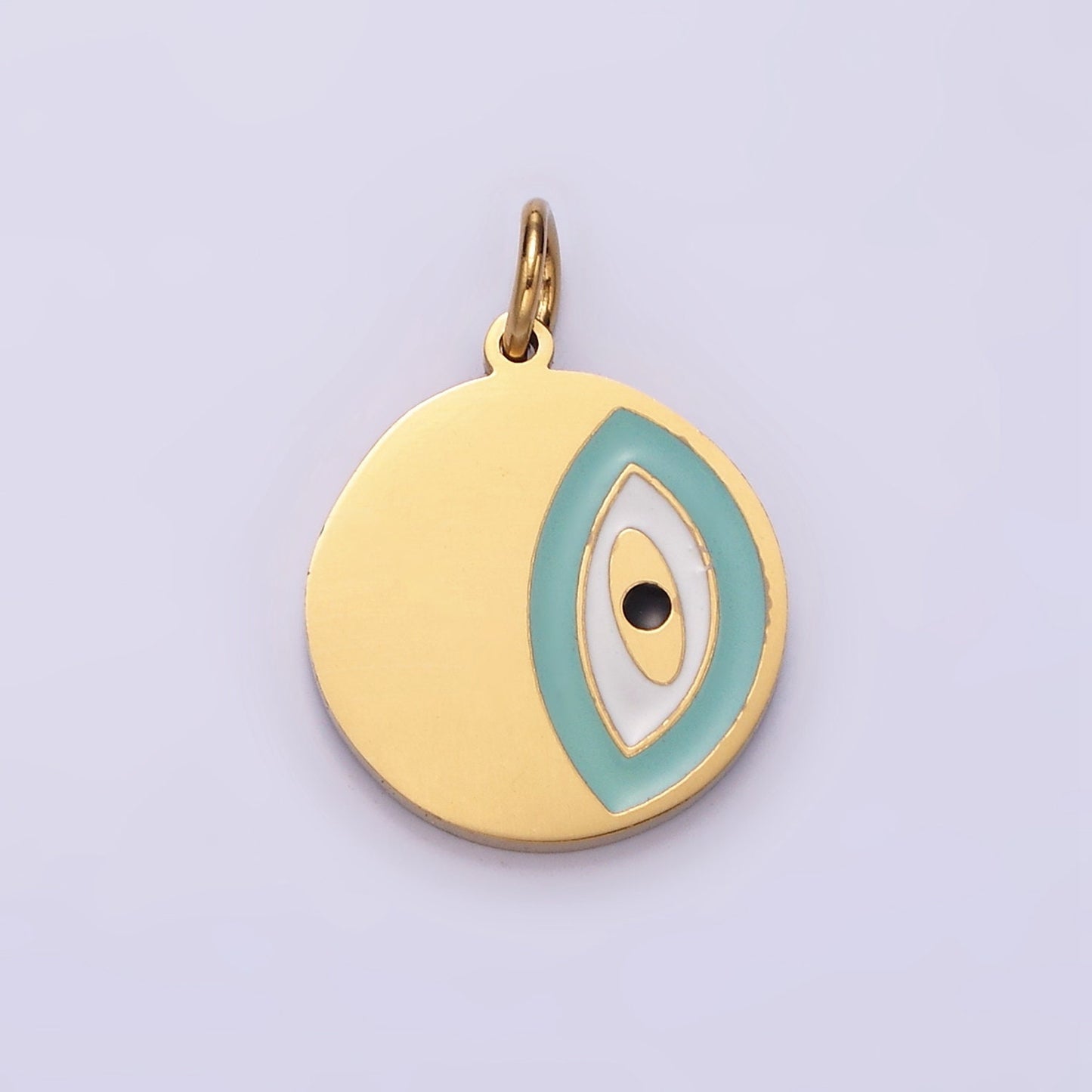 Stainless Steel Coin Charm Evil Eye Pendant Teal Enamel Medallion Charm | P656
