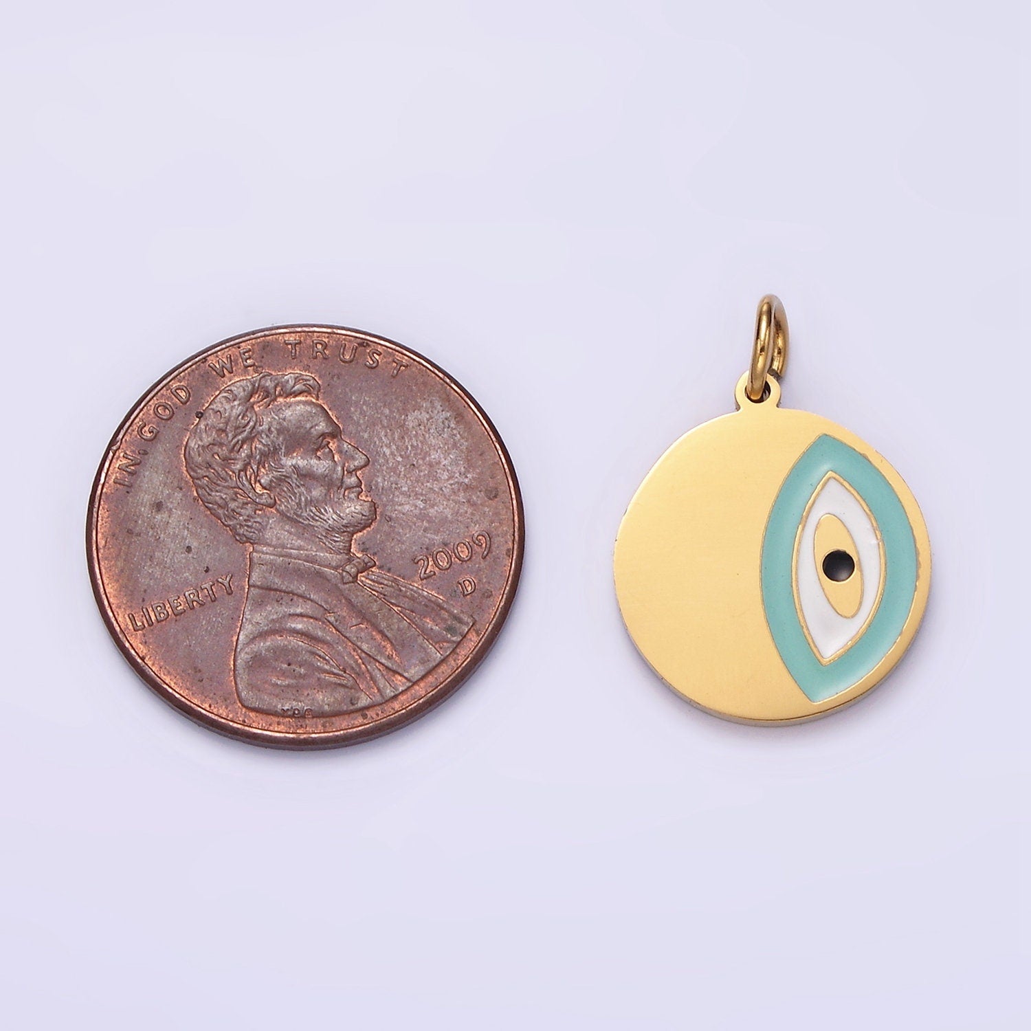 Stainless Steel Coin Charm Evil Eye Pendant Teal Enamel Medallion Charm | P656