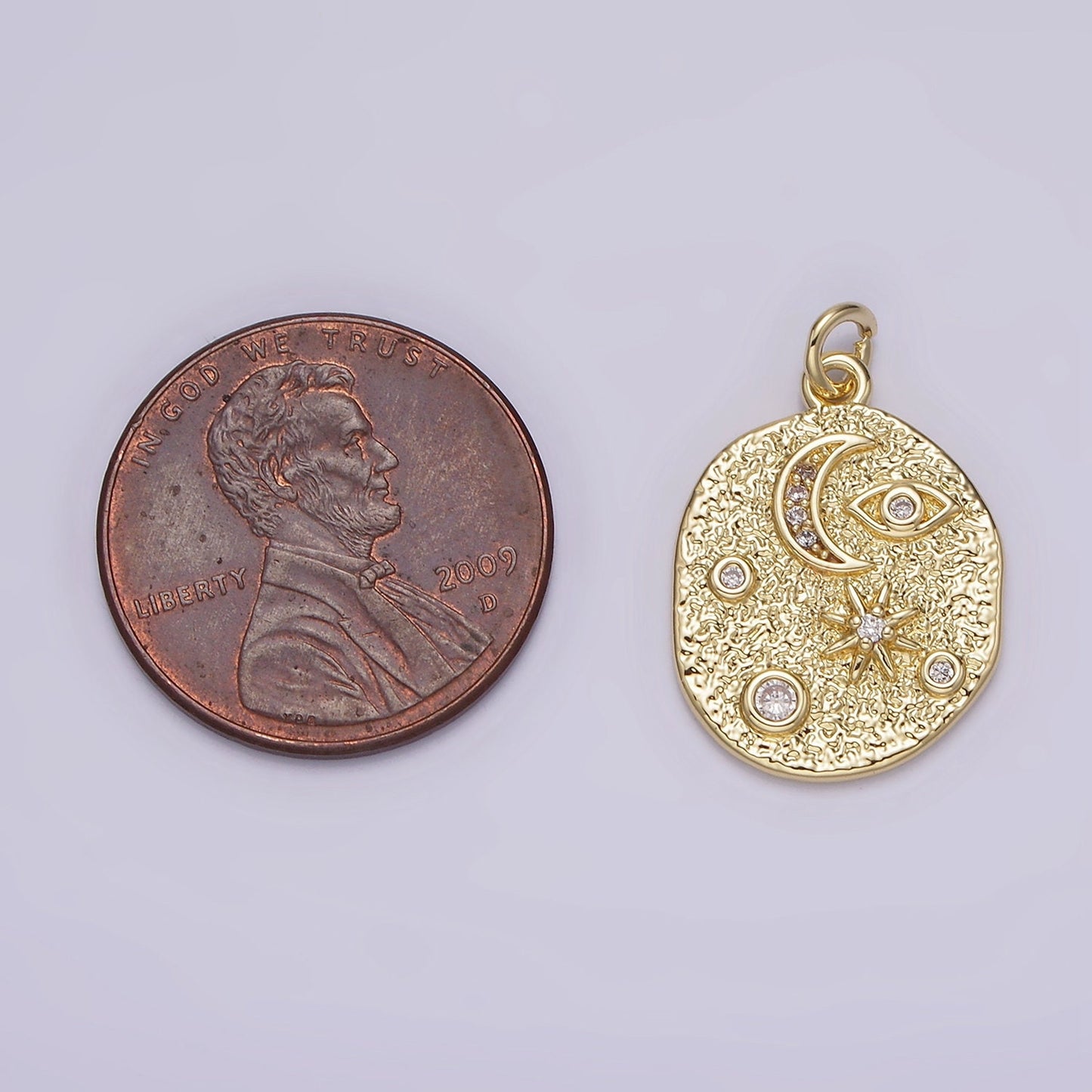 14K Gold Filled Hammered Rustic Coin Evil Eye Celestial Crescent Moon Star Textured Oval Charm | AG211