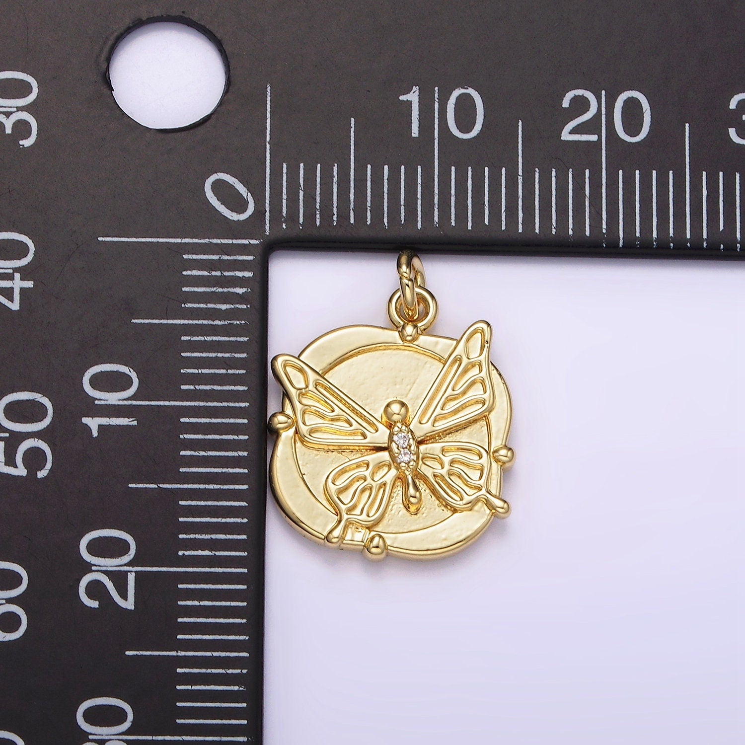 Gold Butterfly Charm Medallion Pendant, 14K Gold Filled Round Mariposa Charm For Jewelry Making | AG-309