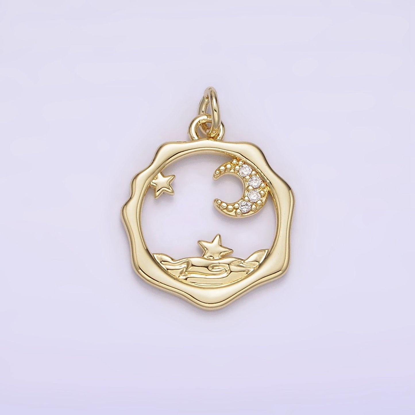 14K Gold Filled Micro Paved CZ Celestial Stars Crescent Moon Sea Open Wavy Round Charm | AG279